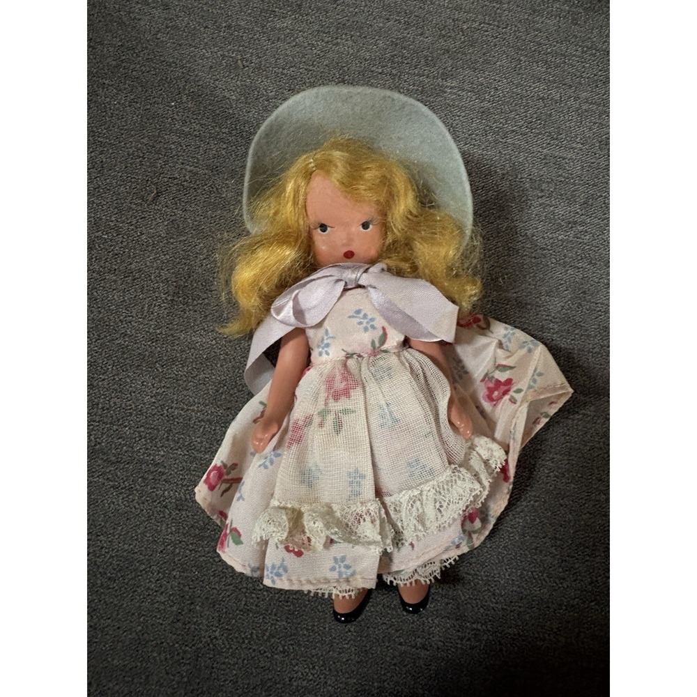 Vintage 40s Nancy Ann‎ Bisque Storybook Doll Blonde Curly Lace Pink Floral Dress